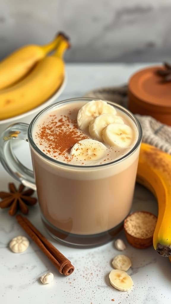 A glass of Banana Chai Latte topped with banana slices and cinnamon, with bananas and spices in the background.