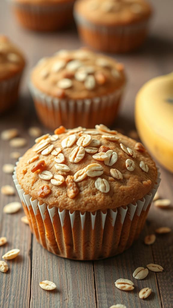 Delicious banana oatmeal muffins topped with oats, placed on a wooden surface with scattered oats.