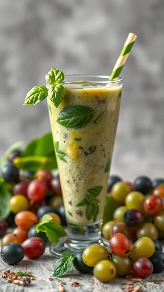 A refreshing basil and green grape smoothie surrounded by fresh grapes