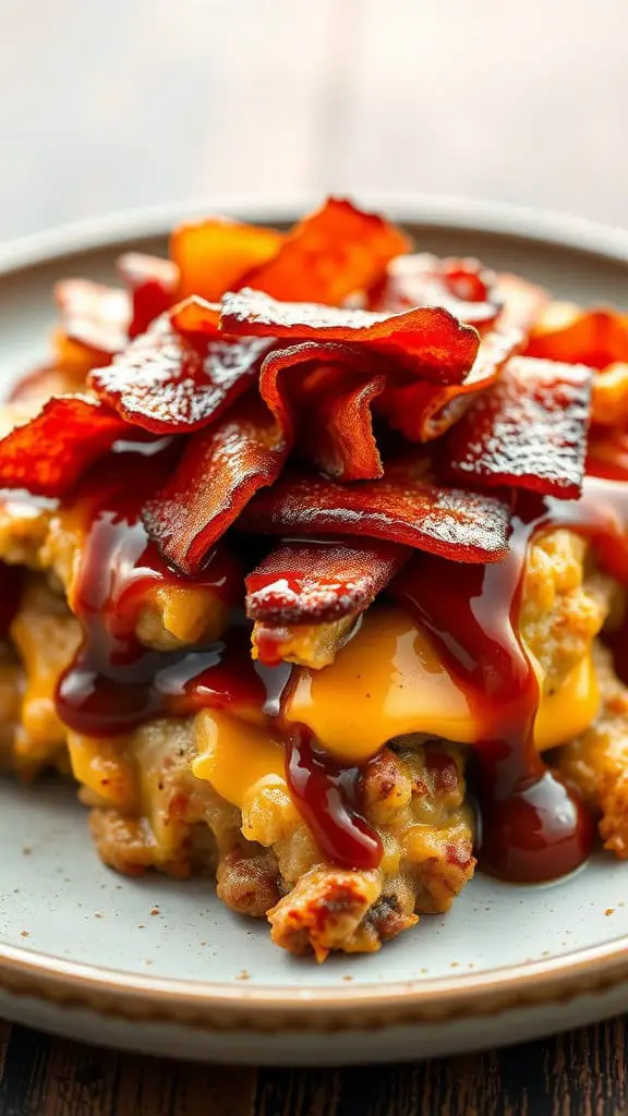 A delicious BBQ Bacon Cheeseburger Casserole topped with crispy bacon and drizzled with BBQ sauce.