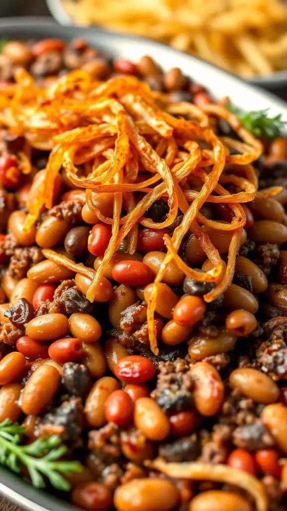 A close-up view of BBQ Beef and Bean Casserole topped with crispy onion strands.