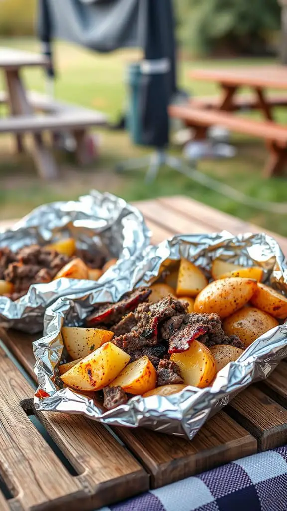 Two BBQ beef and potato foil packets resting on a wooden table, ready to be enjoyed outdoors.