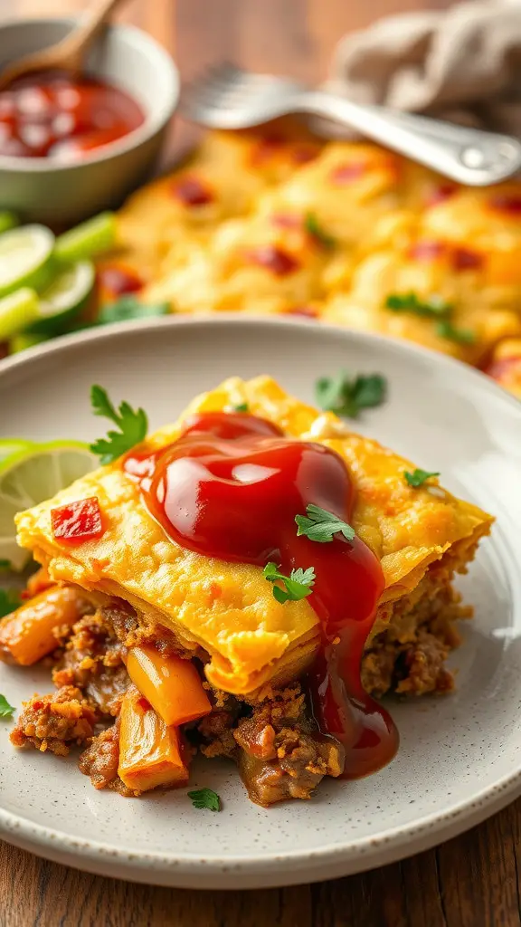 BBQ Beef Enchilada Casserole with Cornbread Crust, topped with sauce and cilantro