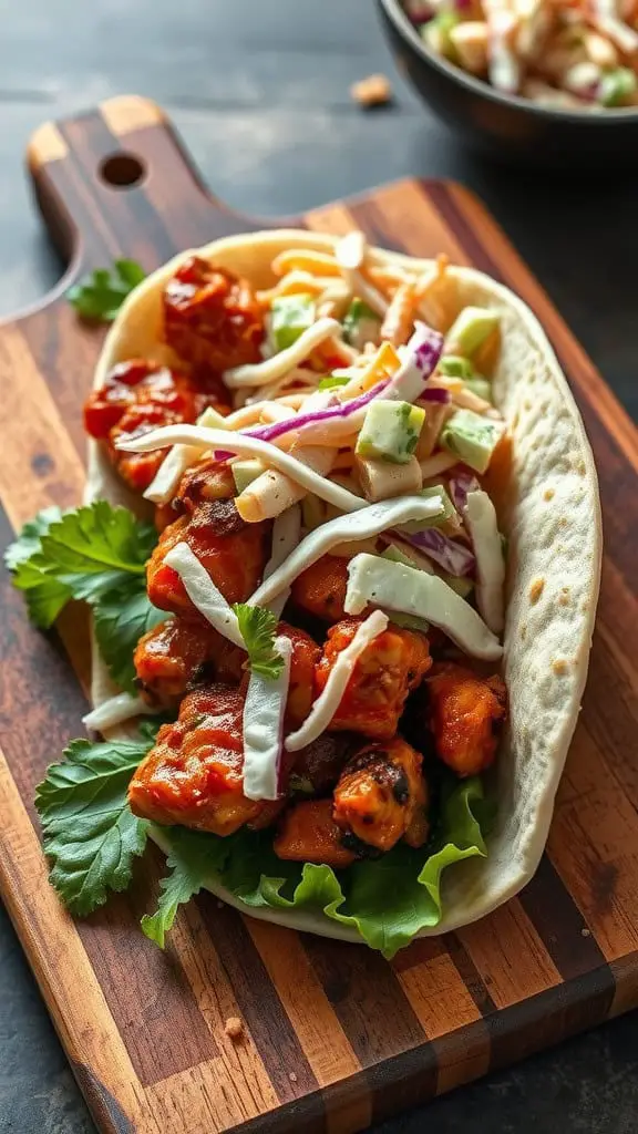 BBQ Chicken and Slaw Wrap on a wooden cutting board.