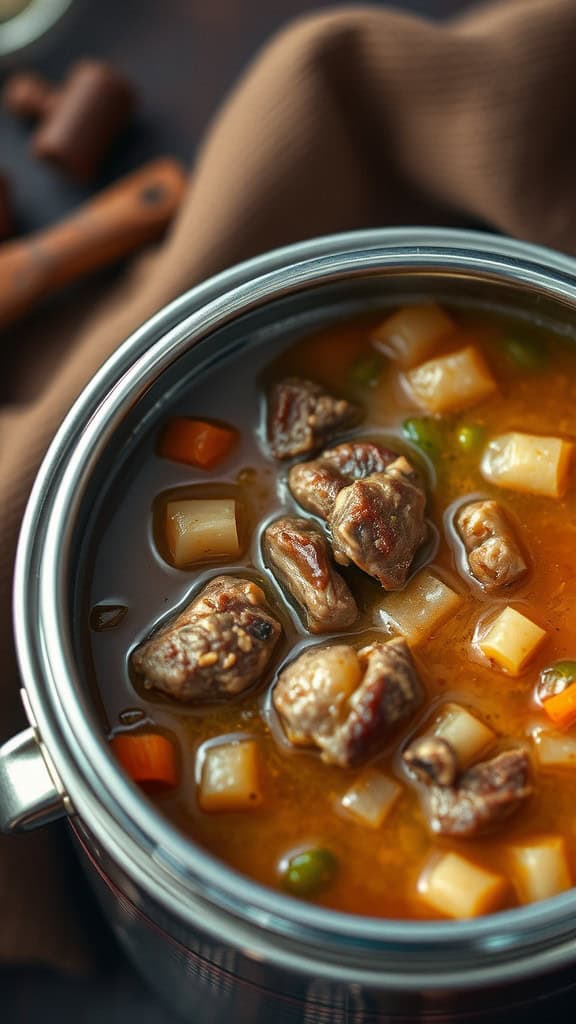 A pot of beef and barley soup with chunks of beef, barley, and vegetables.