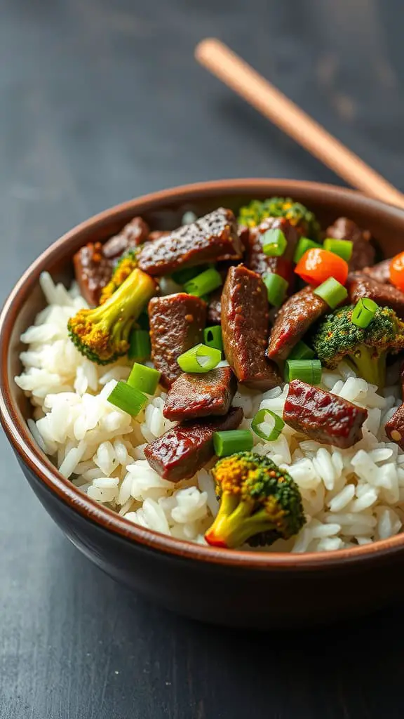 A delicious beef and broccoli stir-fry bowl with white rice, broccoli florets, and sliced beef in a dark bowl with chopsticks.