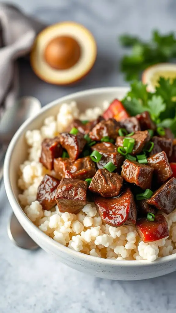 A bowl of beef and cauliflower rice topped with green onions, served with fresh cilantro and half an avocado in the background