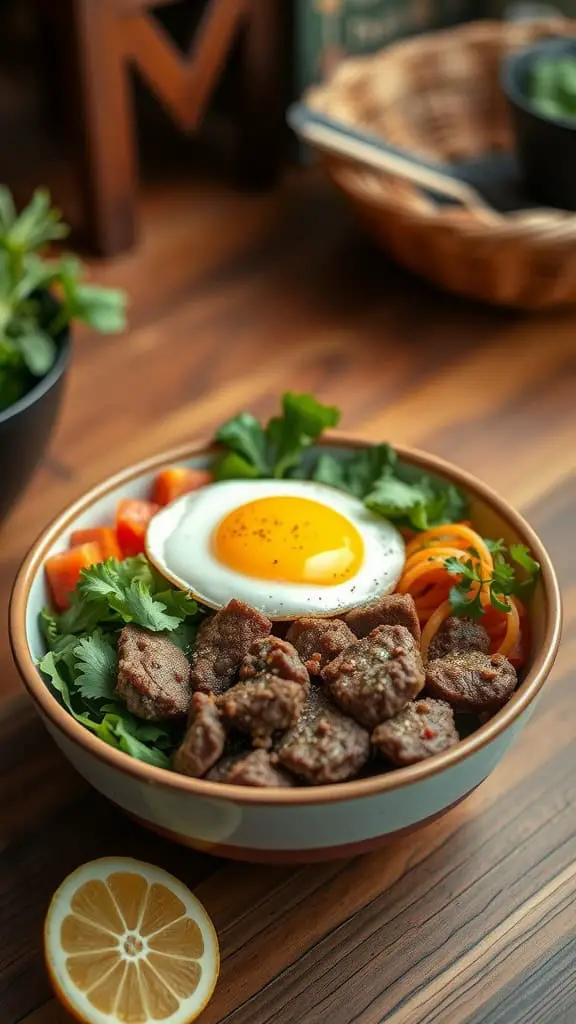 A delicious Beef and Egg Breakfast Bowl with ground beef, fresh vegetables, and a fried egg on top, garnished with a lemon slice.