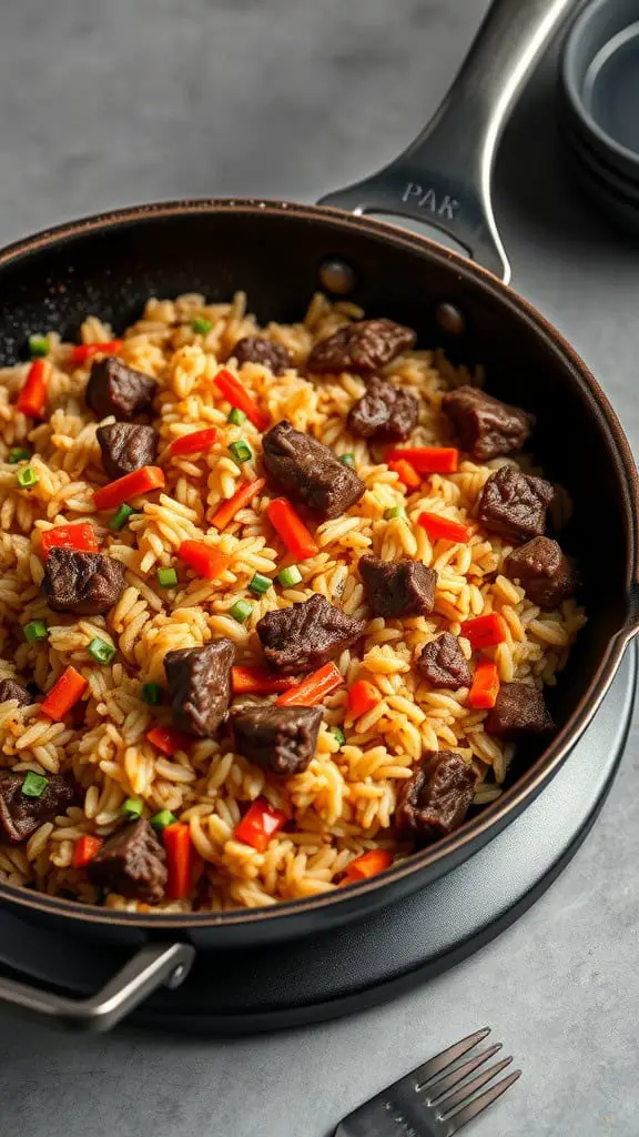 A pan filled with beef and kimchi fried rice, featuring pieces of beef, rice, and colorful vegetables.