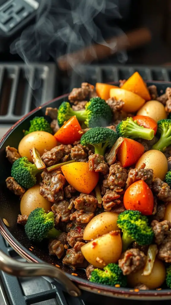 A vibrant stir-fry featuring ground beef, potatoes, and broccoli in a frying pan.