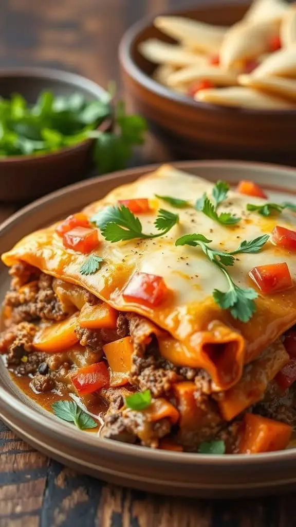 A plate of Beef and Sweet Potato Enchilada Casserole topped with cheese, tomatoes, and cilantro.