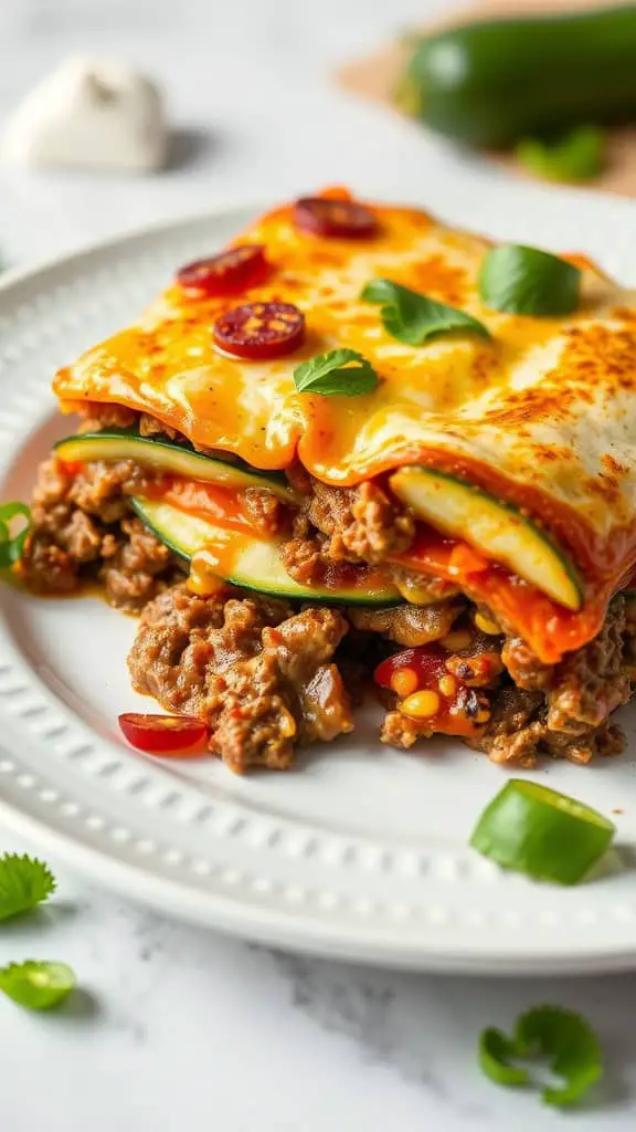 A delicious Beef and Zucchini Enchilada Casserole with layers of cheese and ground beef