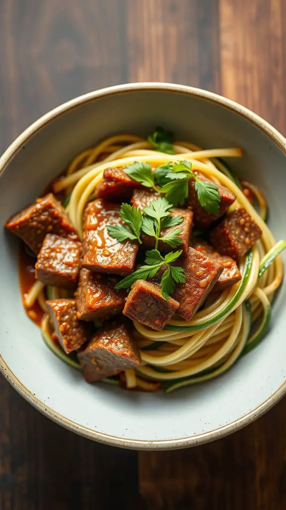 A bowl of beef and zucchini noodles with herbs on top, served in a white bowl against a wooden background.