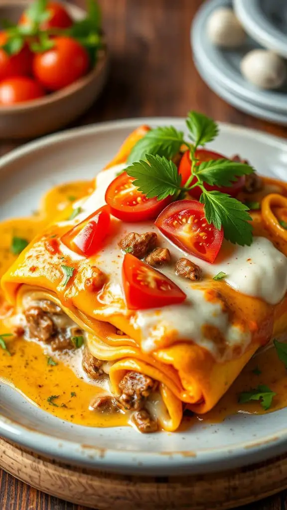 A delicious Beef Enchilada Casserole topped with tomatoes and herbs