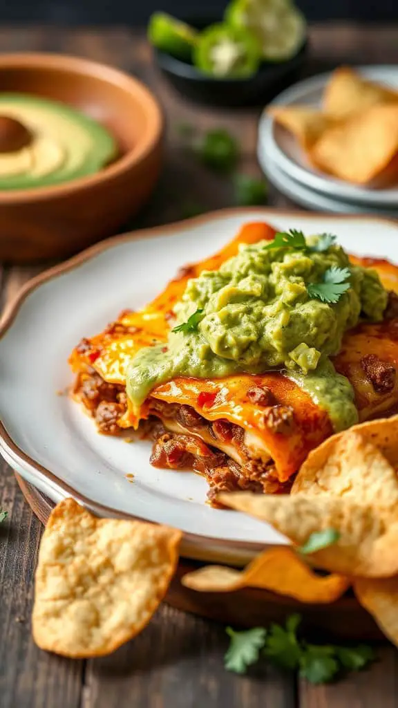 Delicious Beef Enchilada Casserole topped with guacamole, served with tortilla chips.