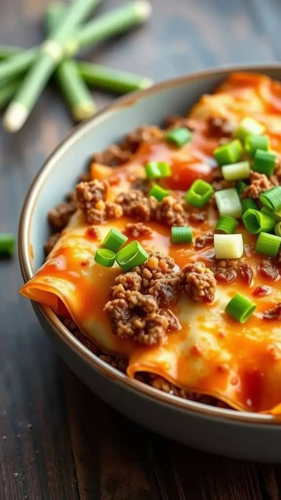 A delicious Beef Enchilada Casserole topped with green onions, served in a bowl.