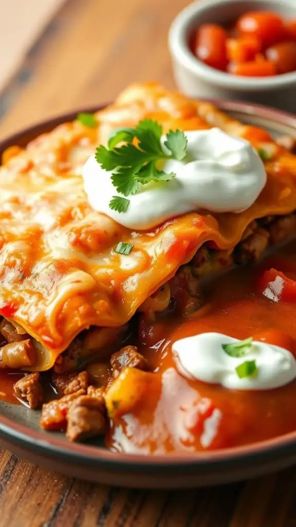 A delicious Beef Enchilada Casserole topped with sour cream and cilantro, served with a side of salsa.