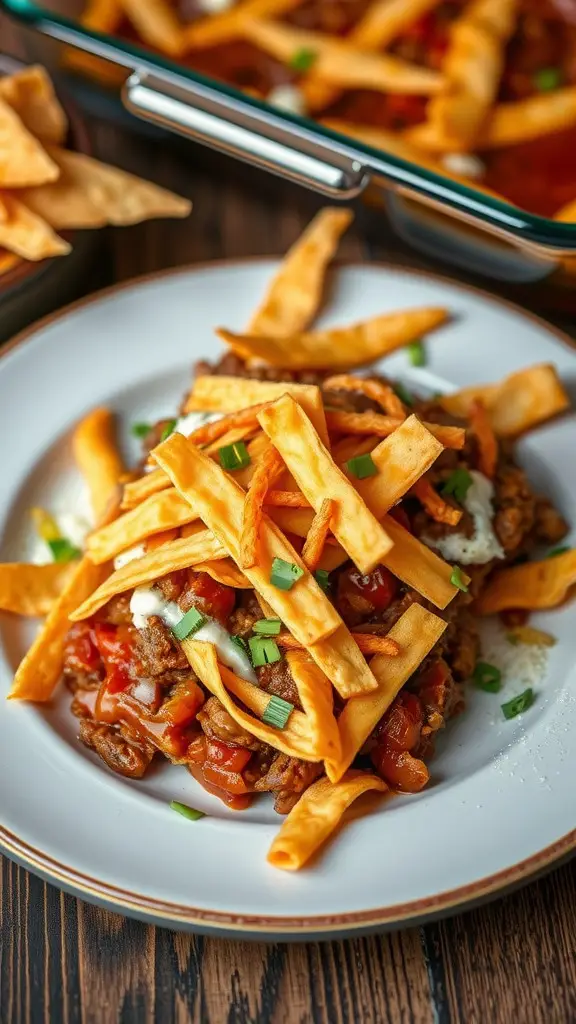 A plate of Beef Enchilada Casserole topped with crispy tortilla strips, green onions, and a rich sauce.