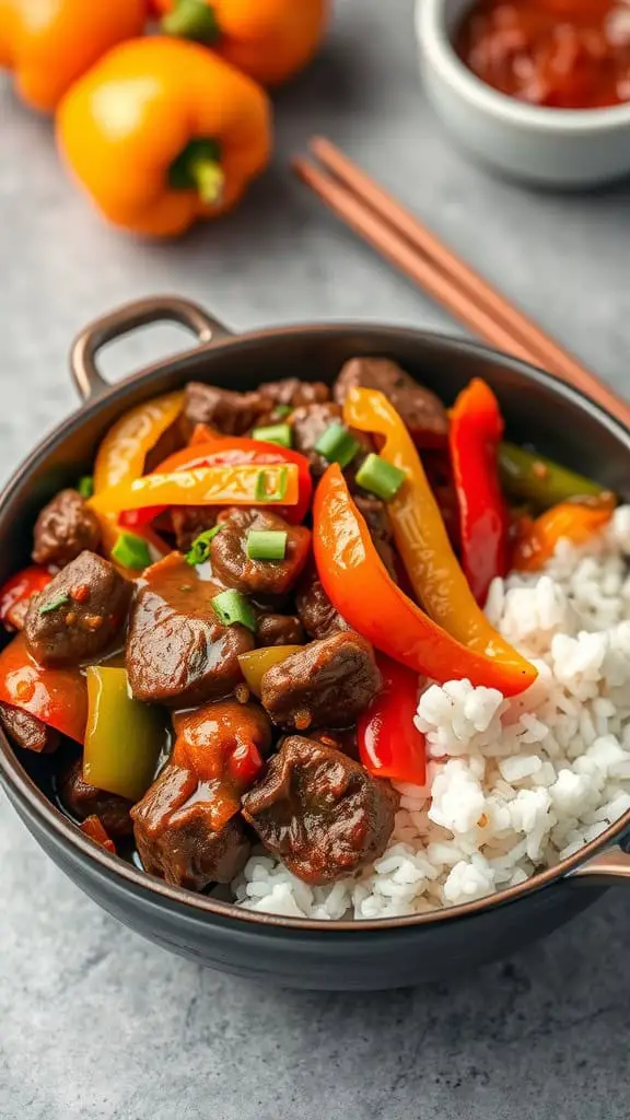 A bowl of beef stir-fry with bell peppers served over rice, with bright yellow bell peppers in the background.