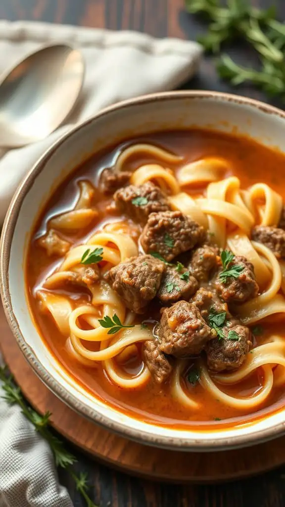 A bowl of Beef Stroganoff soup with noodles, garnished with parsley.