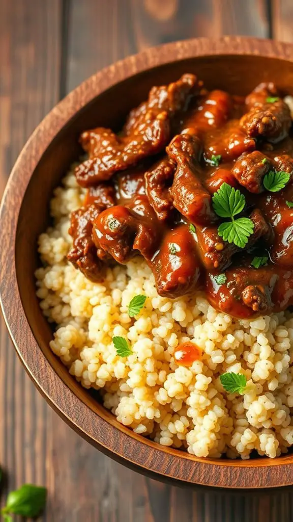 A bowl of Beef Stroganoff served over quinoa, garnished with fresh herbs.