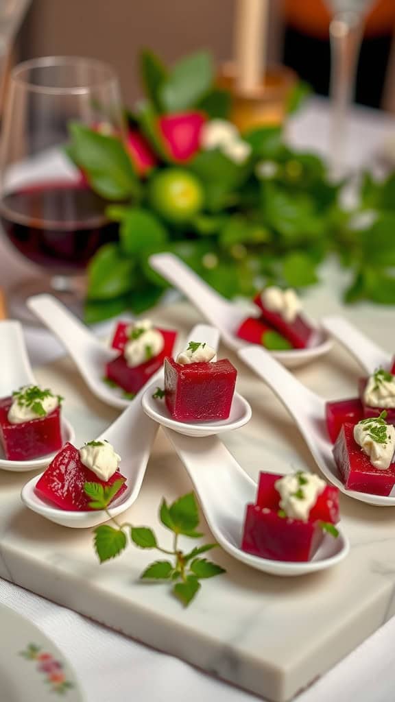 Elegant beet and goat cheese salad bites served on white spoons.