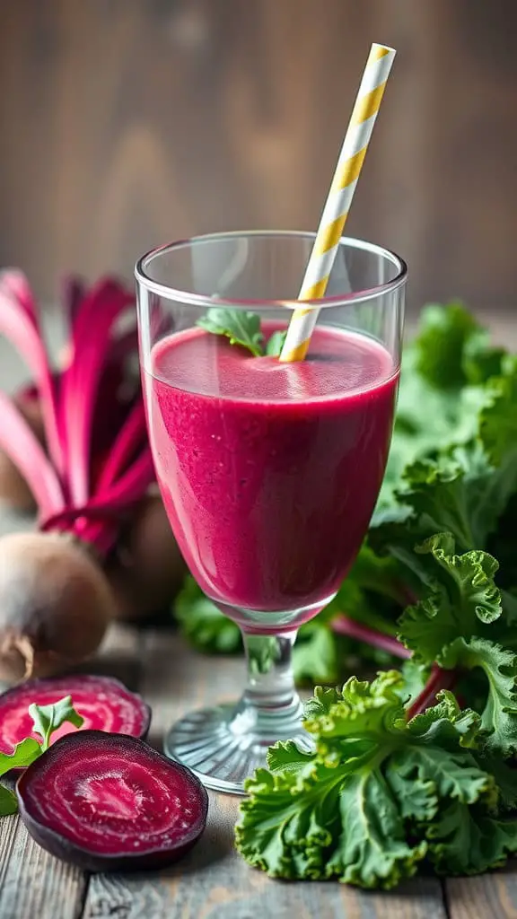 A vibrant beet and kale smoothie in a glass, garnished with a straw, surrounded by fresh beets and kale leaves.