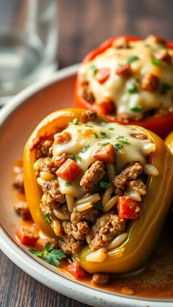 A close-up of bell peppers stuffed with ground beef, rice, and topped with melted cheese.