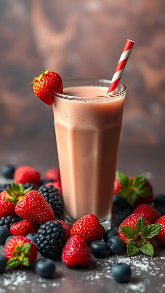 A glass of berry smoothie with fresh strawberries and blueberries, surrounded by berries.