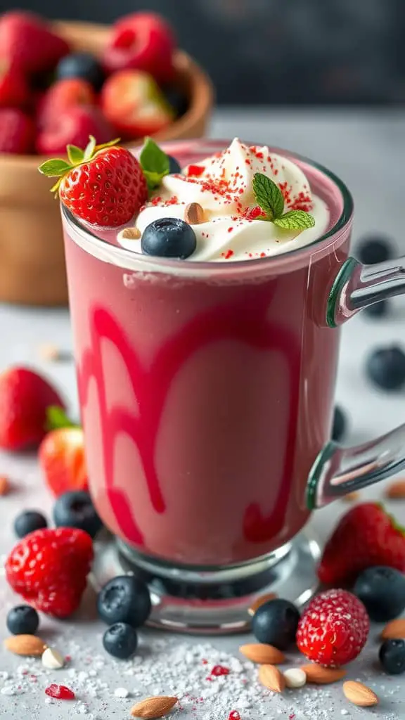 A vibrant cup of berry-infused hot chocolate topped with whipped cream, strawberries, blueberries, and almond flakes.