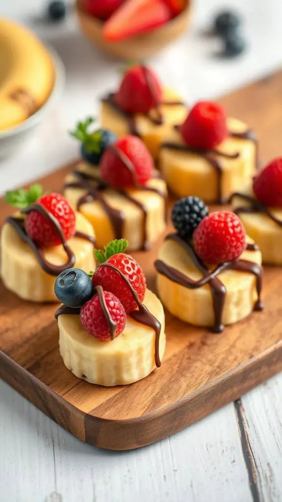 Plate of Berry Fusion Banana Bites, showcasing bananas topped with chocolate and fresh berries.