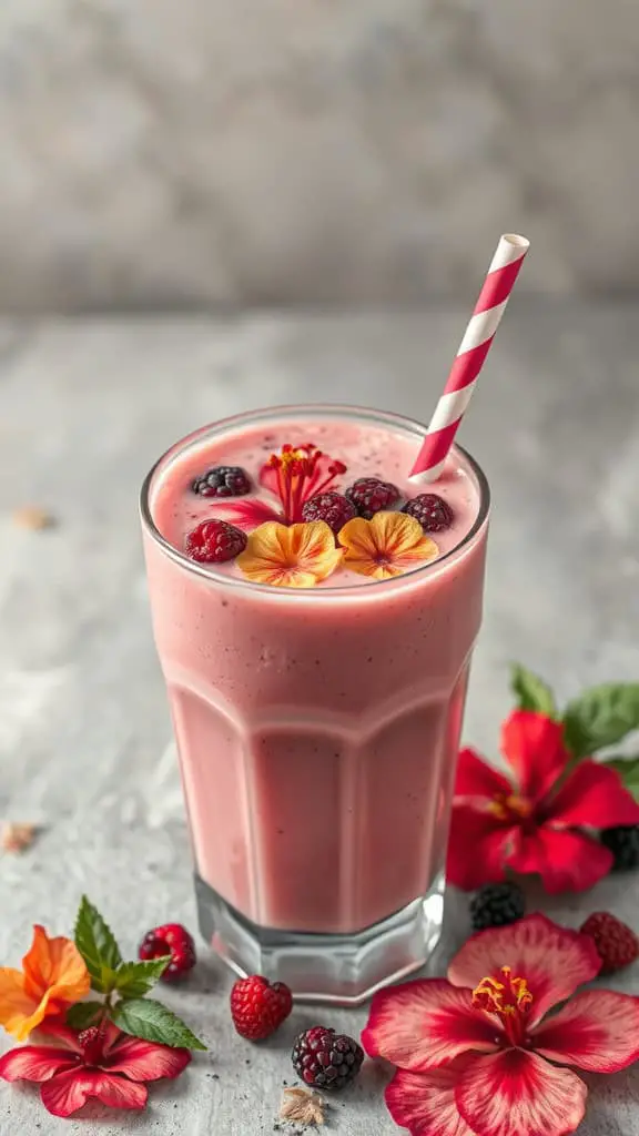 A glass of Berry Hibiscus Golden Milk topped with berries and flowers, with a striped straw