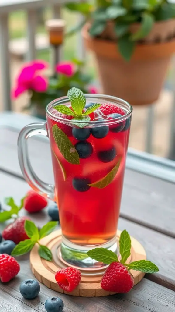 A glass of Berry Mint Green Tea Cooler with raspberries, blueberries, and mint leaves, on a wooden table.