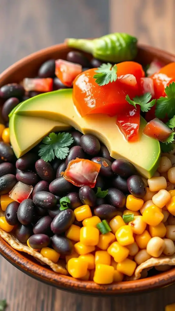 A colorful black bean and avocado burrito bowl featuring black beans, corn, tomatoes, avocado, and cilantro.