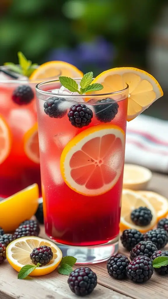 A refreshing glass of blackberry lemonade herbal tea with lemon slices and fresh blackberries.