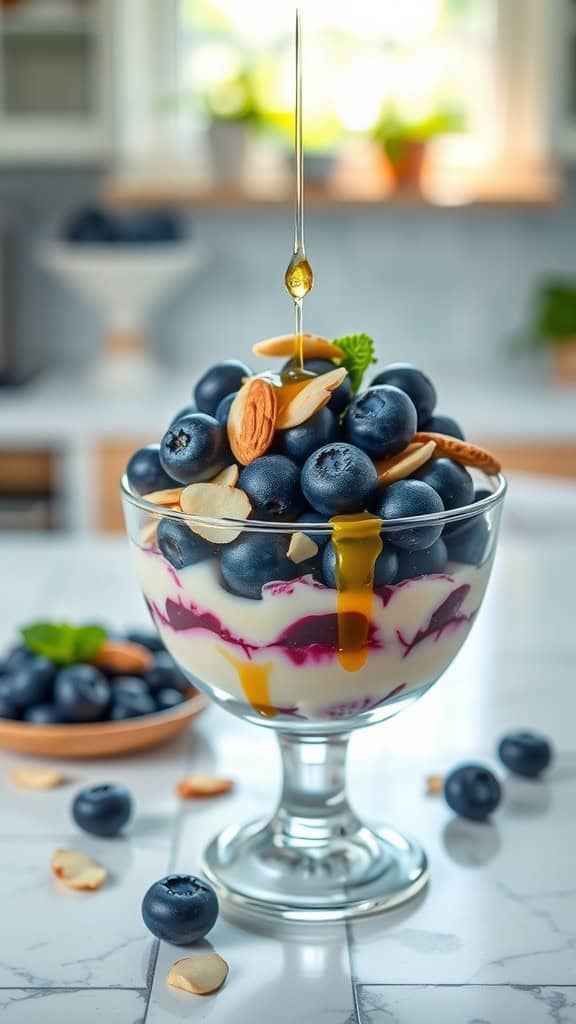 A delicious blueberry almond parfait with layers of yogurt, blueberries, and almonds, drizzled with honey.