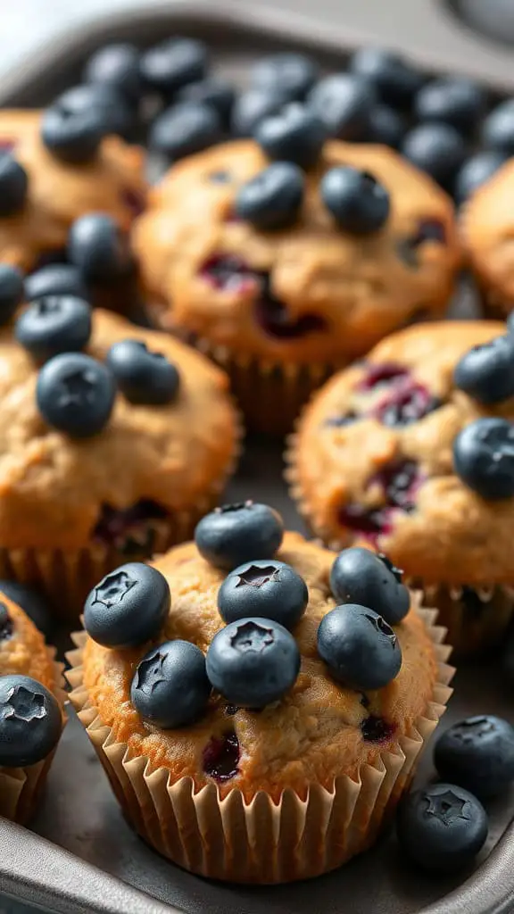 Freshly baked blueberry banana muffins topped with blueberries