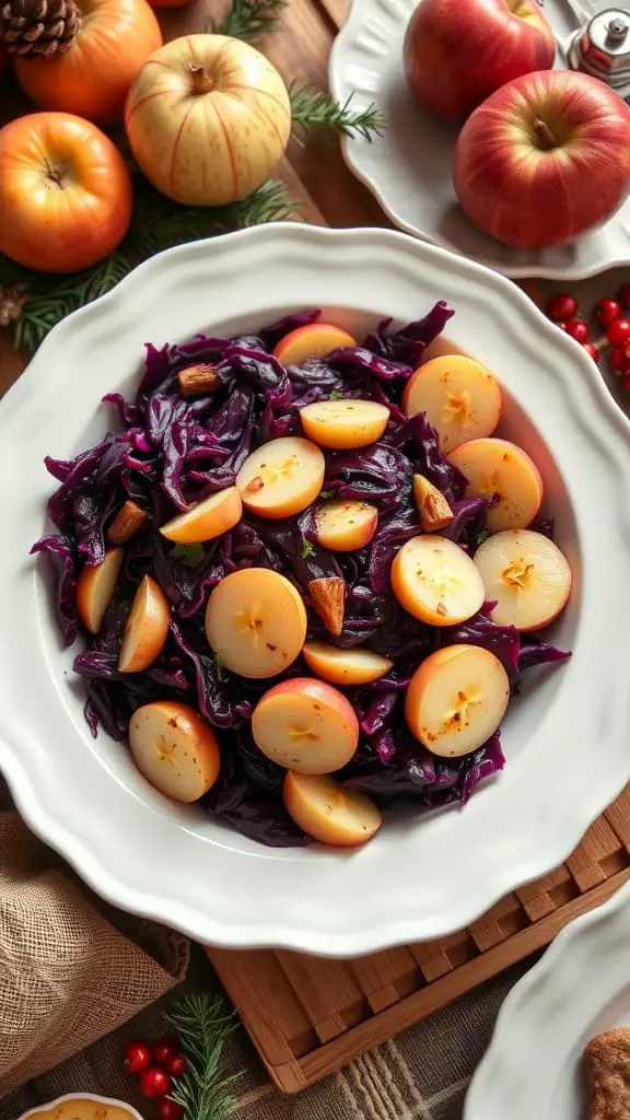 A bowl of braised red cabbage with sliced apples, surrounded by decorative pumpkins and apples.