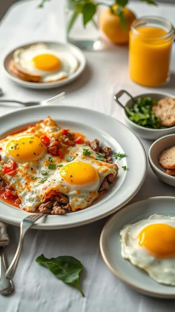 A delicious breakfast beef enchilada casserole topped with eggs, served with sides.