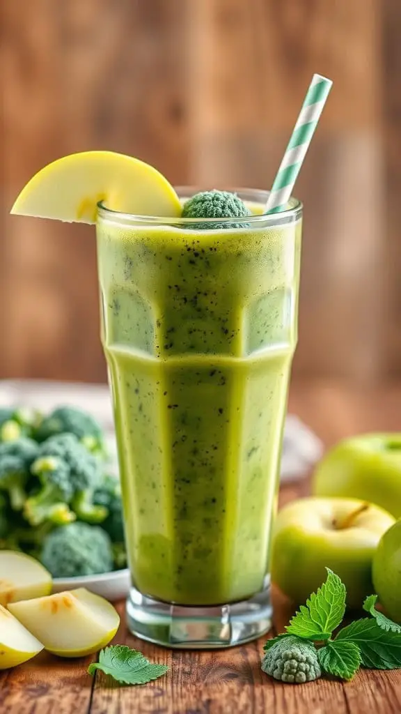 A refreshing green smoothie made with broccoli and green apple, garnished with lemon and mint.