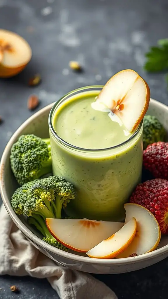 A green smoothie made with broccoli and pears, surrounded by fresh fruits and vegetables.