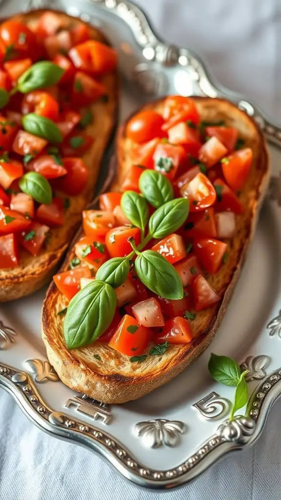 Two slices of bruschetta topped with diced tomatoes and basil leaves on a silver platter.