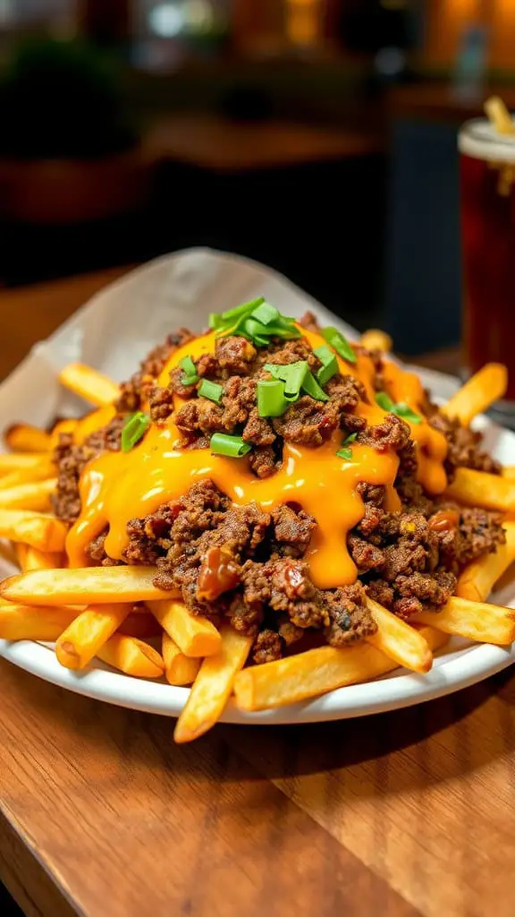 Plate of loaded fries topped with ground beef and melted cheese.