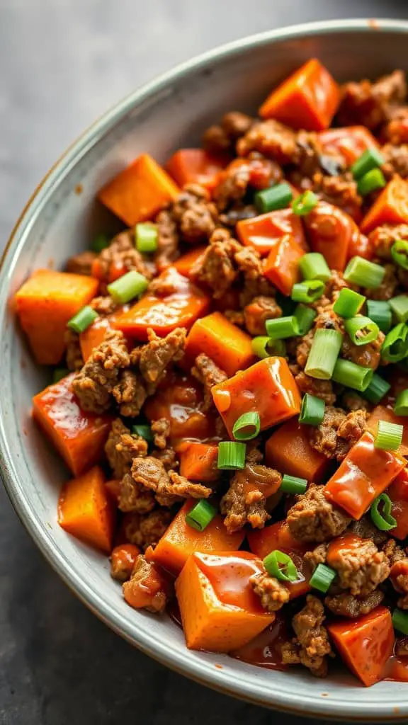 A bowl of Buffalo Beef and Sweet Potato Bake with ground beef, sweet potatoes, and green onions