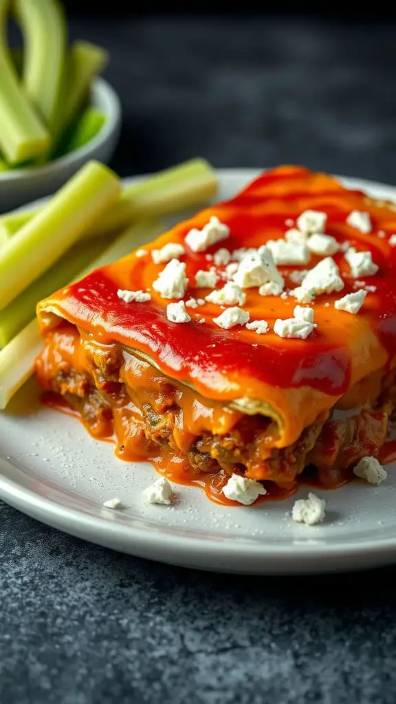 A slice of Buffalo Beef Enchilada Casserole topped with cheese and sauce, served with celery.