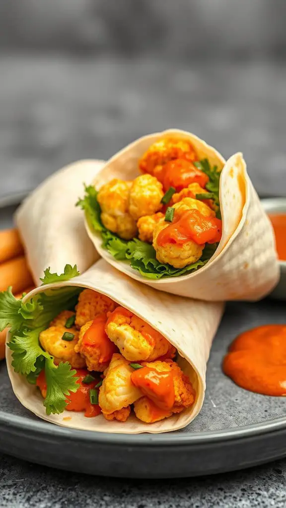 Two buffalo cauliflower and chicken wraps with lettuce and sauce, served on a plate.