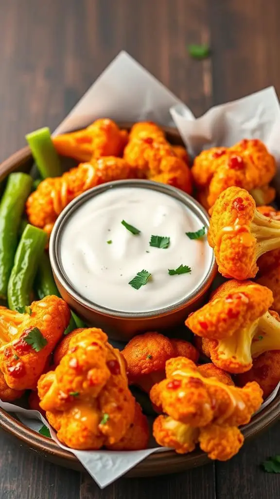 A plate of buffalo cauliflower bites with ranch dressing and celery sticks.