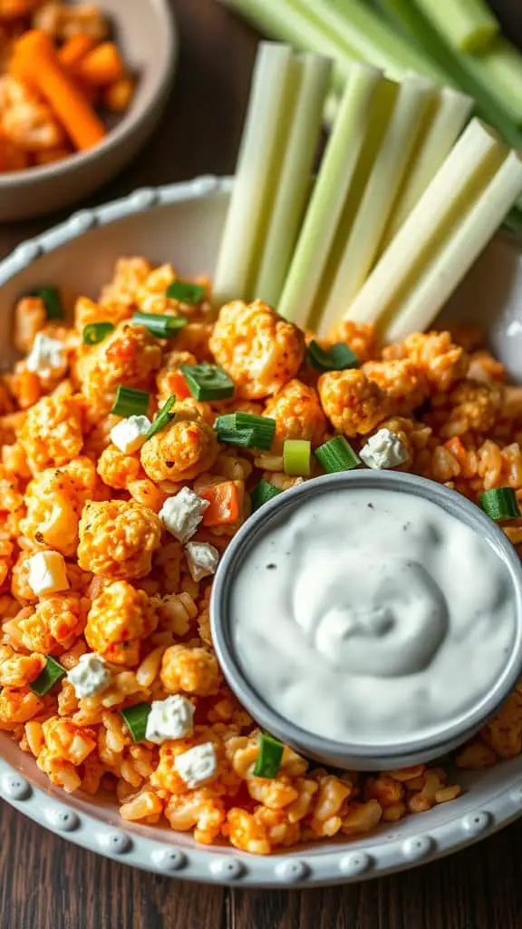 A colorful Buffalo Cauliflower Rice Bowl with celery sticks and ranch dressing.