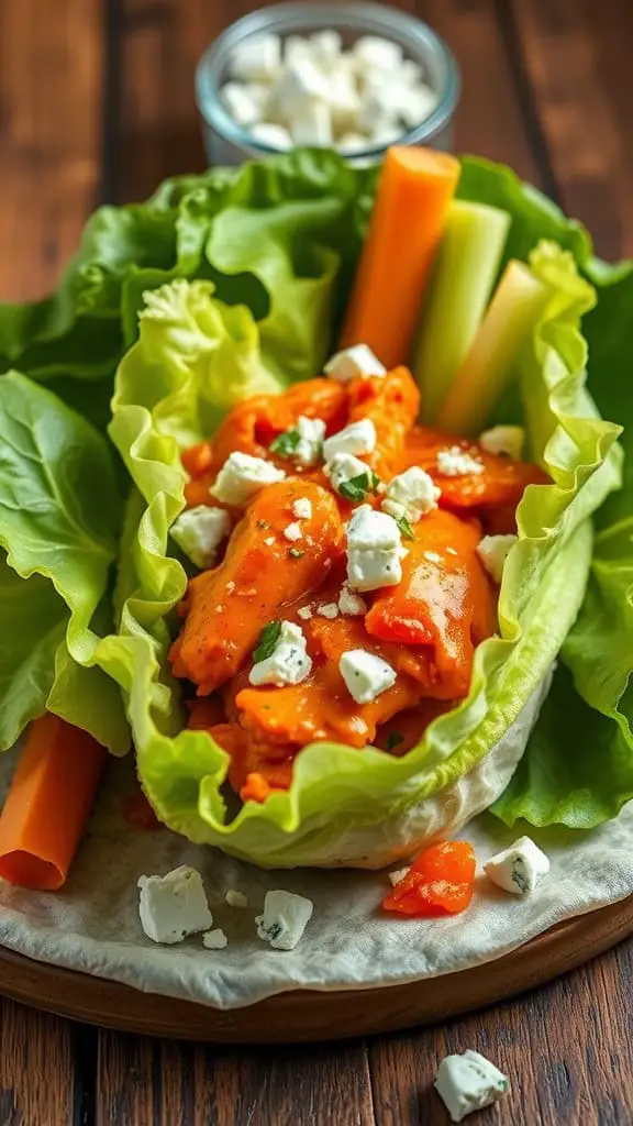 Buffalo Chicken Lettuce Wrap featuring shredded buffalo chicken in a lettuce leaf with crumbled blue cheese and carrot sticks