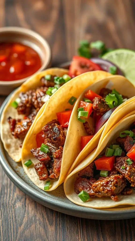 A plate of Bulgogi beef tacos topped with fresh vegetables and served with a side of dipping sauce.